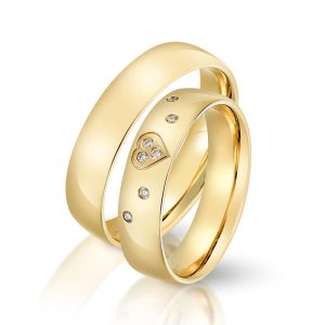 His & Her Love Heart Wedding Bands - Gold Plated