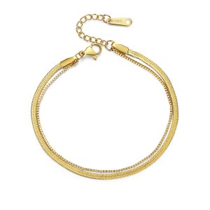 18K Gold Herringbone Bracelet - Double Layer Snake Chain