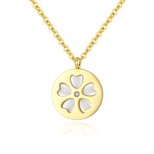 Shell Coin Necklace - Stainless Steel Floral Pendant Jewelry