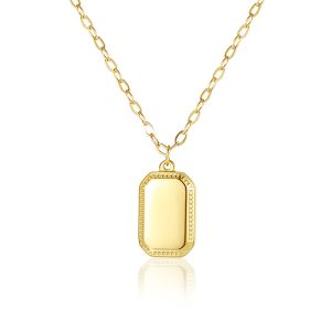 Fashion stainless steel necklace with blank rectangular pendant for custom engraving. Durable 18K gold plated chain, perfect for personalized gifts.