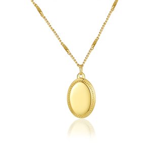 Fashion statement necklace with gold oval charm pendant. Made of durable stainless steel chain, perfect for women's daily wear or special occasions gift.