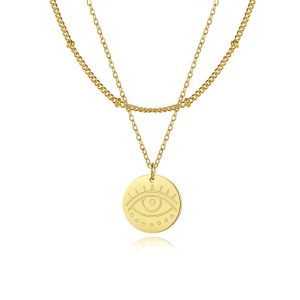 Gold Evil Eye Necklace - Double Layer Pendant Jewelry Gift