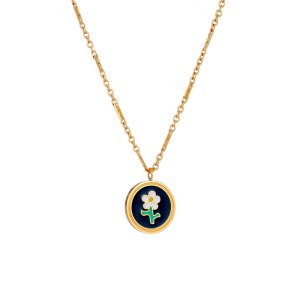 Gold Daisy Necklace - Enamel Flower Pendant for Women
