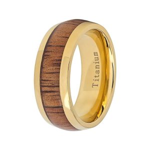 Titanium Gold Wedding Band - Koa Wood Inlay Men's Ring