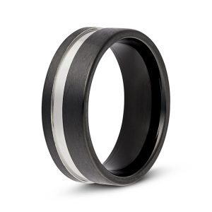 Black Titanium Wedding Band - 8mm Silver Striped Men's Ring