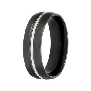 Men's Black Zirconium Ring - Silver Striped Comfort Fit