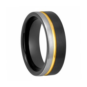 Men's Black Gold Tungsten Ring - 8mm Offset Line