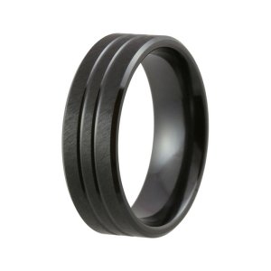 Men's Black Zirconium Wedding Ring - Double Groove Design