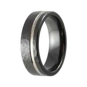 Men's Hammered Wedding Band - Black & Silver Zirconium Ring