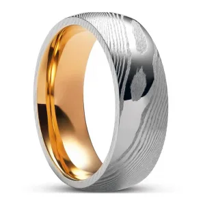 8mm Damascus Steel Ring with Gold Inner Layer