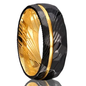 8mm Black and Gold Damascus Steel Ring for Men