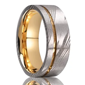 8mm Damascus Steel Ring with Gold Groove and Gold Inner Band for Men