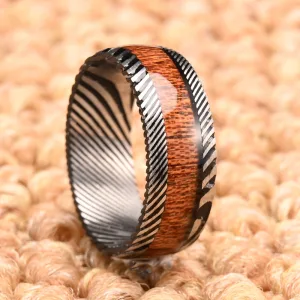 8mm Damascus Steel Ring with Rosewood Inlay for Men